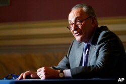 FILE - Senate Minority Leader Chuck Schumer of New York speaks to reporters on Capitol Hill in Washington, Dec. 30, 2020.