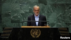 Iranian President Masoud Pezeshkian addresses the 79th United Nations General Assembly in New York on Sept. 24, 2024.