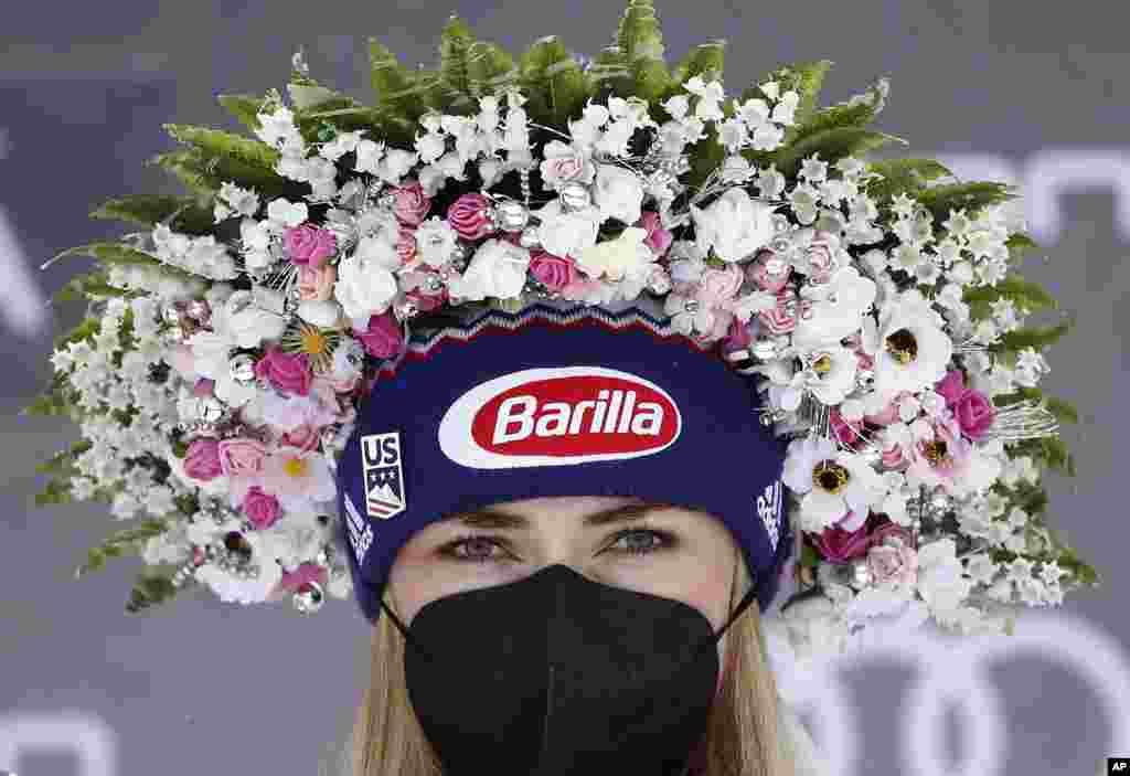 United States&#39; Mikaela Shiffrin celebrates on the podium after winning the women&#39;s Giant Slalom event at the FIS Alpine Ski World Cup in Jasna, Slovakia, March 6, 2021.