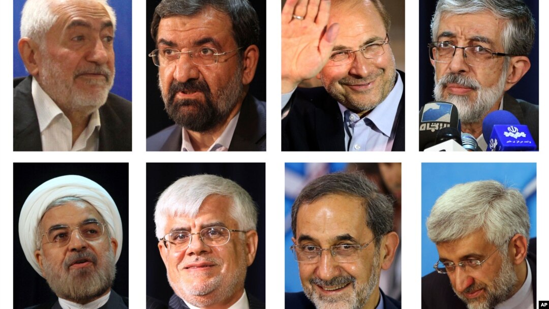 Foto 8 calon presiden Iran dalam Pemilu Iran 14 Juni (searah jarum jam dari kiri) Mohammad Gharazi, Mohsen Rezaei, Mohammad Bagher Qalibaf, Gholam Ali Haddad Adel, Hasan Rowhani, Mohammad Reza Aref, Ali Akbar