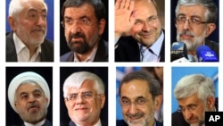 Foto 8 calon presiden Iran dalam Pemilu Iran 14 Juni (searah jarum jam dari kiri) Mohammad Gharazi, Mohsen Rezaei, Mohammad Bagher Qalibaf, Gholam Ali Haddad Adel, Hasan Rowhani, Mohammad Reza Aref, Ali Akbar