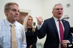 From left, U.S. Representatives Jim Jordan, Marjorie Taylor Greene and James Comer speak to reporters after Hunter Biden, President Joe Biden's son, defied a congressional subpoena to appear privately for a deposition at the Capitol in Washington on Dec. 13, 2023.