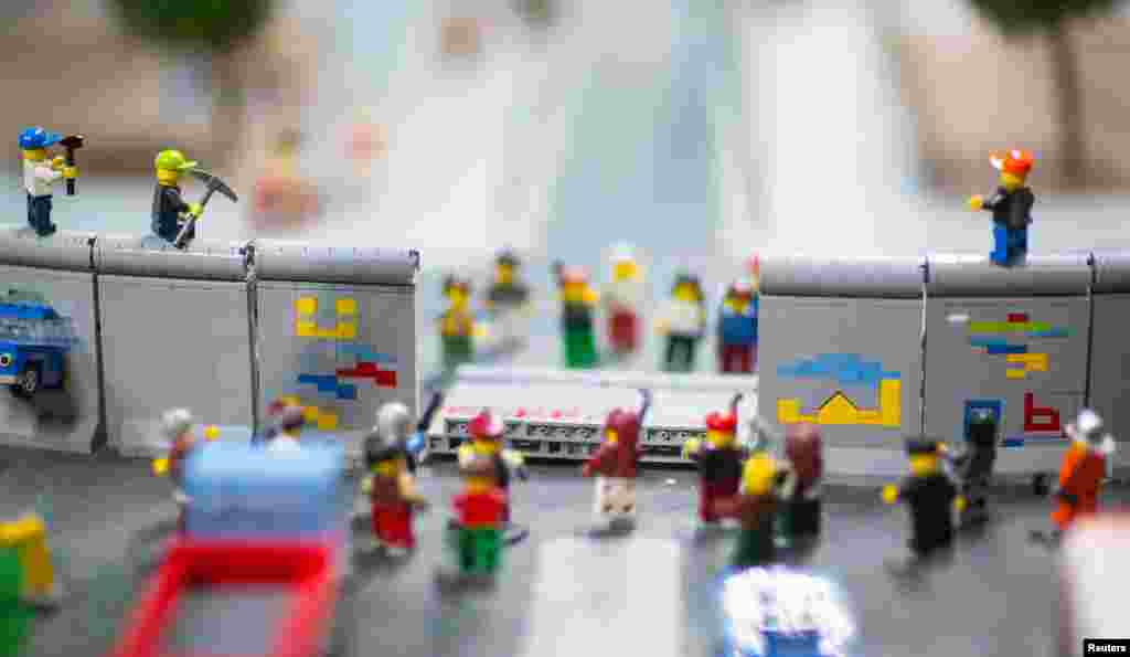 The history of the fall of the Berlin Wall is presented as part of the permanent exhibition in the Legoland Discovery Center, Berlin, Nov. 7, 2014.