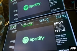 IPO Spotify di Dow Industrial Average di New York Stock Exchange pada 3 April 2018 di New York. (Foto: AFP/Bryan R. Smith)