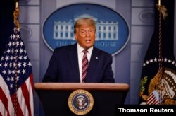 U.S. President Trump speaks to reporters about the 2020 presidential election at the White House in Washington.