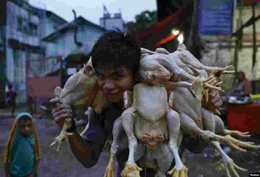 Seorang pria membawa daging ayam yang siap dijual di sebuah grosir daging ayam di Rangoon, Burma.