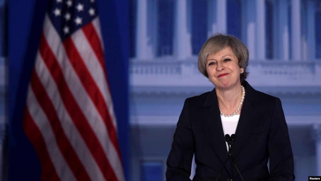英國首相特雷莎.梅星期四在費城向聚集在那裡開會的共和黨人發表演講。