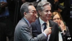 FILE - U.S. Secretary of State Antony Blinken and South Korean Minister of Foreign Affairs Cho Tae-yul are pictured at a meeting in Vientiane, Laos, July 27, 2024. They will meet with their nations' top defense officials Oct. 31 in Washington.