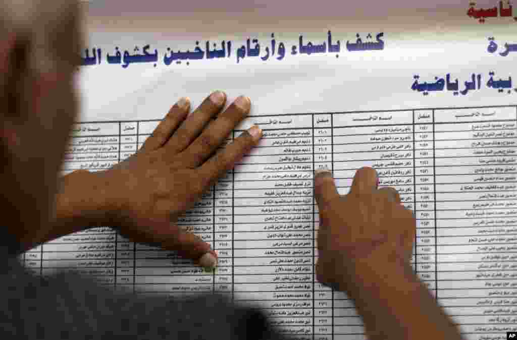 An Egyptian man checks a list of voters in the country's presidential election at a polling site in the Zamalek neighborhood of Cairo, Egypt, May 23, 2012.