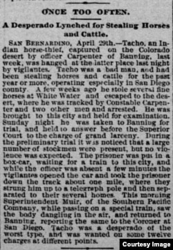Clipping from Sacramento Daily Record Union, April 30, 1890, detailing lynching of Indian "Tacho." Courtesy, Library of Congress "Chronicling America" digital newspaper project.