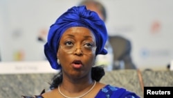 FILE - Nigeria's Minister of Petroleum Resources Diezani Allison-Madueke speaks during an Oil and Gas conference in Nigeria's capital Abuja February 21 2012.