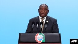 Le président sud-africain, Cyril Ramaphosa, intervient lors du dialogue de haut niveau entre dirigeants chinois et africains, à Beijing, le 3 septembre 2018.