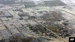 An aerial view of devastation caused by cyclone Nargis in Burma, which claimed nearly 22,000 lives, May 6, 2008