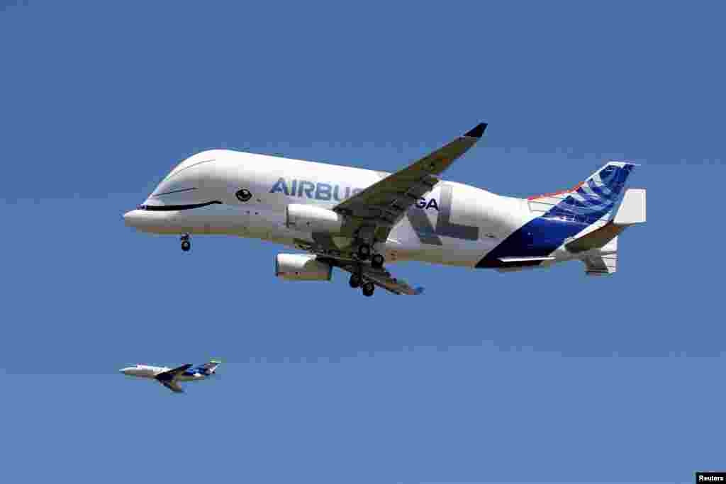 An Airbus Beluga XL transport plane flies during its first flight event in Colomiers near Toulouse, France.