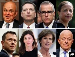 These file photos, top row from left are former CIA Director Michael Hayden, former FBI Director James Comey, former acting FBI director Andrew McCabe and former national security adviser Susan Rice. Bottom row from left are former FBI Deputy Assistant Director Peter Strzok, former Deputy Attorney General Sally Yates and former National Intelligence Director James Clapper. President Donald Trump acted Aug. 15, 2018, on a threat and revoked the security clearance of former CIA Director John Brennan, citing a constitutional responsibility to protect classified information. Trump says he is reviewing security clearances for nine other individuals, including the eight pictured.