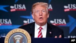 U.S. President Donald Trump speaks at an event at Bucky Dent Park in Hialeah, Florida, April 16, 2018.