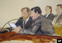 FILE - In this courtroom sketch, Joaquin 'El Chapo' Guzman, foreground right, reads a statement through an interpreter during his sentencing in federal court, July 17, 2019, in New York.