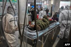 Medical staff members wearing protective clothing to help stop the spread of a deadly virus which began in the city, arrive with a patient at the Wuhan Red Cross Hospital in Wuhan on January 25, 2020.