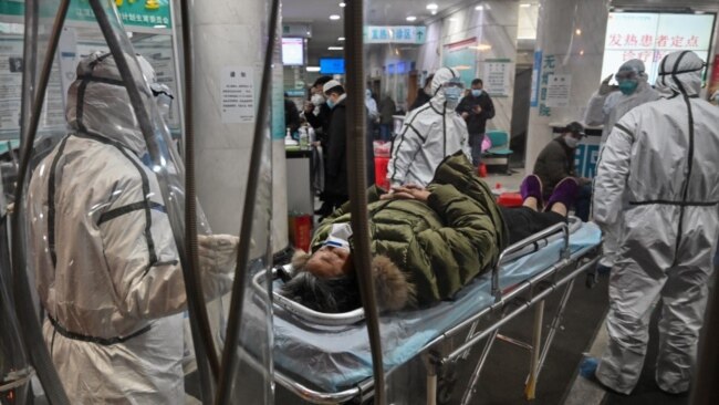 身穿防护服的医务人员在武汉红十字医院运送一名病人。（2020年1月25日）