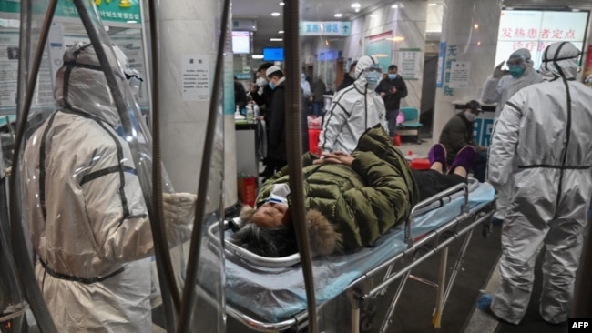身穿防护服的医务人员在武汉红十字医院运送一名病人。(2020年1月25日)