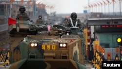 Amphibious assault vehicles of the South Korean Marine Corps travel during a military exercise as a part of the annual joint military training called Foal Eagle between South Korea and the U.S. in Pohang, South Korea, April 5, 2018.