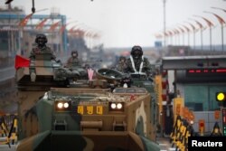 Amphibious assault vehicles of the South Korean Marine Corps travel during a military exercise as a part of the annual joint military training called Foal Eagle between South Korea and the U.S. in Pohang, South Korea, April 5, 2018.