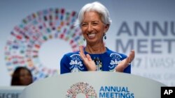 FILE: International Monetary Fund Managing Director Christine Lagarde speaks at the annual meetings' plenary during the World Bank/IMF Annual Meetings in Washington, Oct. 13, 2017.