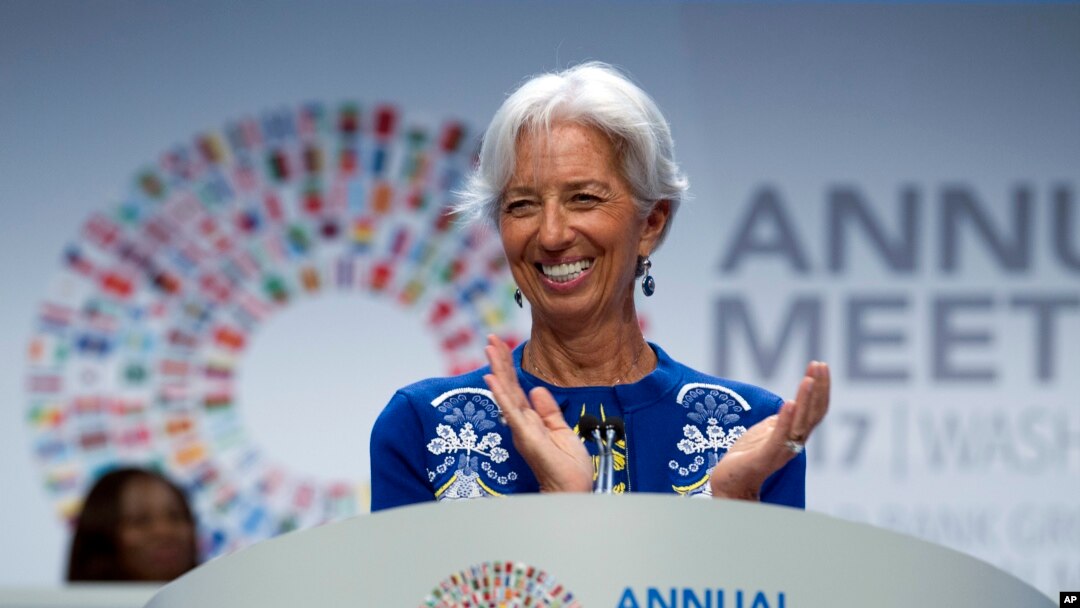 Kepala Dana Moneter Internasiona (IMF), Christine Lagarde, berbicara pada pertemuan tahunan Bank Dunia/IMF di Washington, 13 Oktober 2017.