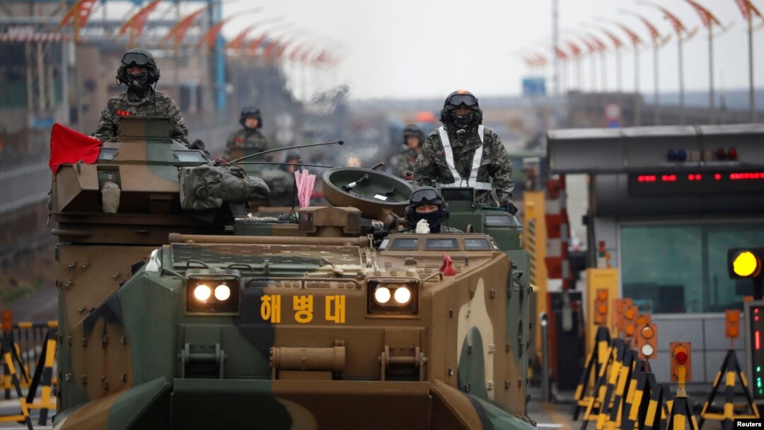 Amphibious assault vehicles of the South Korean Marine Corps travel during a military exercise as a part of the annual joint military training called Foal Eagle between South Korea and the U.S. in Pohang, South Korea, April 5, 2018.