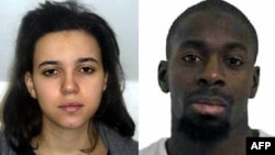 Une combinaison d’images montrant Amédy Coulibaly, à droite, abattu par la police, et Hayat Boumeddiene, sa fiancée, suspectés dans une attaque meurtrière contre des policiers à Montrouge, 9 janvier 2015. 