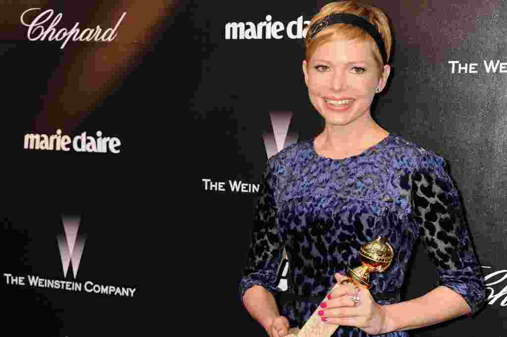 Michelle Williams arrives at The Weinstein Company 2012 Golden Globe After Party at the Beverly Hilton in Los Angeles on January 15, 2012. She won Best Performance by an Actress in a Motion Picture - Comedy or Musical, for "My Week With Marilyn." (AP)