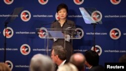 South Korean President Park Geun-hye addresses the U.S. The Chamber of Commerce in Washington, May 8, 2013.