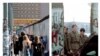 Germany, Berlin, tourists nearby the leftovers of the Berlin wall 2019, and East German soldiers observing the wall of the wall in 1989.