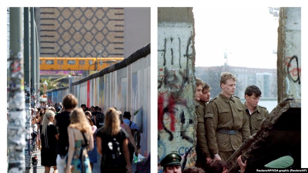 Germany, Berlin, tourists nearby the leftovers of the Berlin wall 2019, and East German soldiers observing the wall of the wall in 1989.