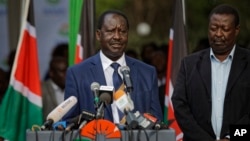 Kenya's opposition leader Raila Odinga makes a statement to the media in Nairobi, Oct. 31, 2017.