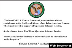 Thông điệp chia buồn của Tướng Kenneth F. McKenzie, Jr., Photo CENTCOM.