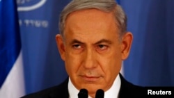 Perdana Menteri Israel Benjamin Netanyahu dalam konferensi pers di Kementerian Pertahanan di Tel Aviv (11/7).