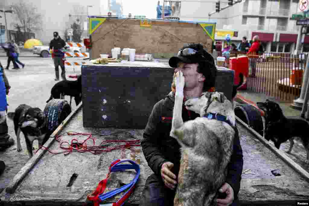 Musher Jason Mackey embraces one of his sled dogs before the ceremonial start of the Iditarod dog sled race in downtown Anchorage, Alaska, March 1, 2014. 