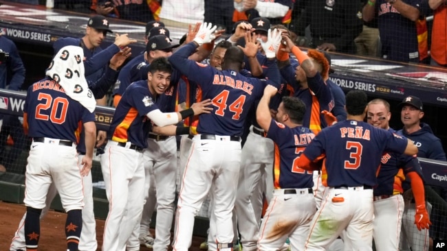 FILE - Houston Astros' Yordan Alvarez celebrates after his three-run home run during the sixth inning in Game 6 of baseball's World Series against the Philadelphia Phillies, Nov. 5, 2022.