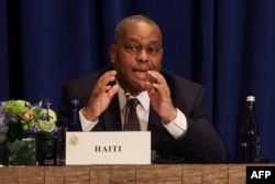 Haitian Prime Minister Garry Conille speaks during a meeting about the situation in Haiti, on the sidelines of the U.N. General Assembly in New York on Sept. 25, 2024.