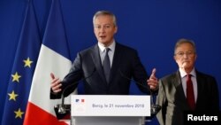 French Finance Minister Bruno Le Maire speaks during a news conference at the Bercy Finance Ministry in Paris, Nov. 21, 2018.