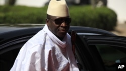FILE - Gambia's President Yahya Jammeh arrives for a summit to address a seminar on security during an event marking the centenary of the unification of Nigeria's north and south in Abuja, Nigeria.