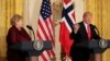 美国总统川普2018年1月10日在华盛顿白宫东厅与挪威首相索尔贝格举行的联合新闻发布会上讲话。