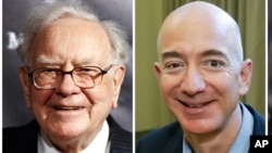 Combination of photos from left shows Warren Buffett and Jeff Bezos, CEO of Amazon.com.
