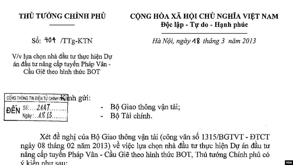 Công văn số 404/TTg-KTN ngày 18/3/2013 của PTT Hoàng Trung Hải đồng ý chỉ định nhà đầu tư dự án BOT Pháp Vân - Cầu Giẽ, một dự án còn tai tiếng và nhơ nhuốc hơn cả BOT Cai Lậy. Nguồn: Báo Điện tử Chính phủ.
