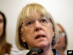 FILE - Sen. Patty Murray, D-Wash., speaks at a news conference in Seattle, Feb. 21, 2017.