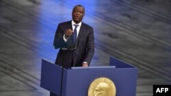 FILE - Congolese gynecologist and co-laureate of the 2018 Nobel Peace Prize Denis Mukwege speaking after accepting his award during the Nobel Peace Prize ceremony 2018 on December 10, 2018 at the City Hall in Oslo, Norway. 