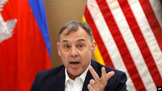 FILE - U.S. Ambassador to Cambodia William Heidt gives a press conference at the U.S. Embassy, in Phnom Penh, Cambodia, Sept. 12, 2017