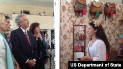 Deputy Secretary of State William Burns and Assistant Secretary of State for Western Hemisphere Affairs Roberta Jacobson peruse the wares at the WEAmericas entrepreneurial fair in Cali, Colombia, October 23, 2012.