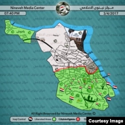 Local government media released this map on Monday of Western Mosul. Only the northwest part of the city is still held by IS, and the battles are increasingly fierce for soldiers and civilians. (Courtesy of Nineveh Media Center)